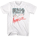 White KISS T-shirt featuring the zebra-print KISS logo with claw marks and red “Animalize” text in a distressed style.