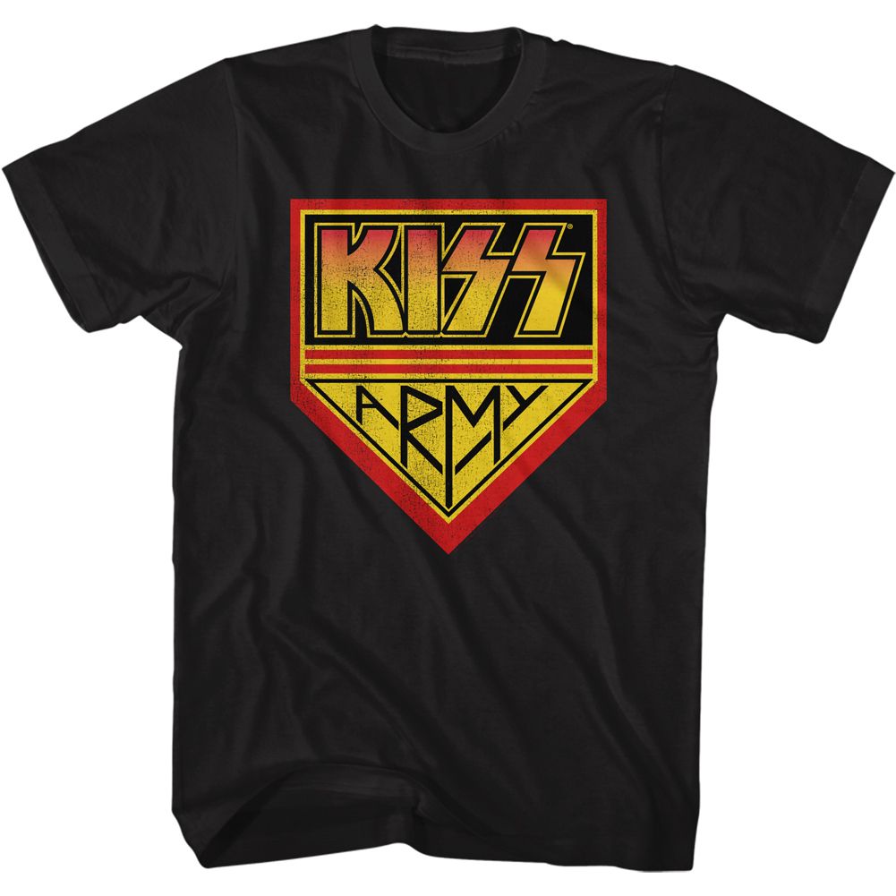 Black T-shirt featuring the classic yellow and red KISS Army shield logo in a vintage distressed style.
