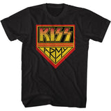 Black T-shirt featuring the classic yellow and red KISS Army shield logo in a vintage distressed style.