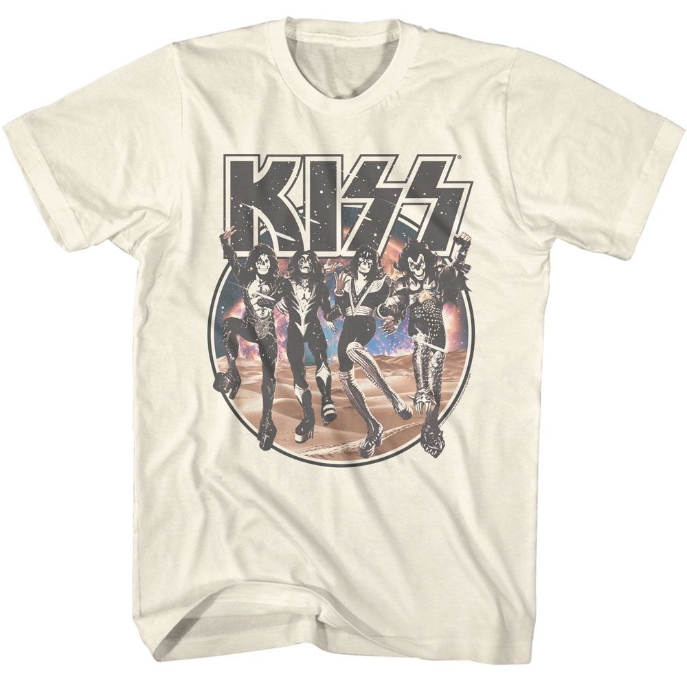 Cream-colored KISS T-shirt featuring comic-style illustrations of the band members in full makeup with a cosmic desert background.