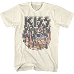 Cream-colored KISS T-shirt featuring comic-style illustrations of the band members in full makeup with a cosmic desert background.
