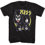 Black KISS T-shirt featuring illustrated portraits of the band members in their iconic makeup with a yellow and purple circular design.