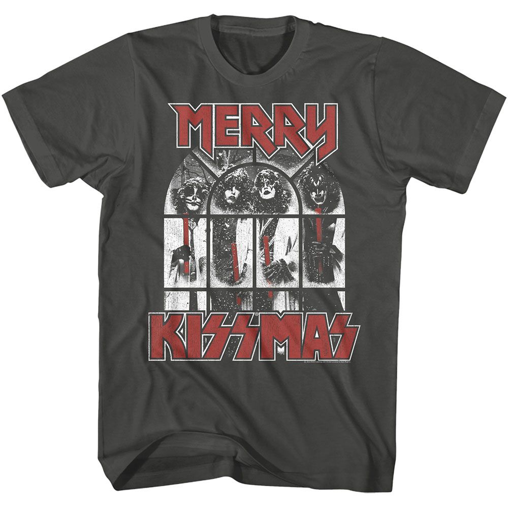 Black t-shirt with 'Merry KISSmas' design featuring KISS members on a white background