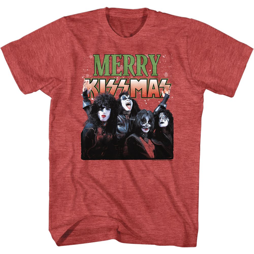 Red T-shirt featuring KISS band members in full makeup with green and red “Merry KISSmas” text above.
