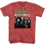 Red T-shirt featuring KISS band members in full makeup with green and red “Merry KISSmas” text above.