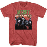 Red T-shirt featuring KISS band members in full makeup with green and red “Merry KISSmas” text above.