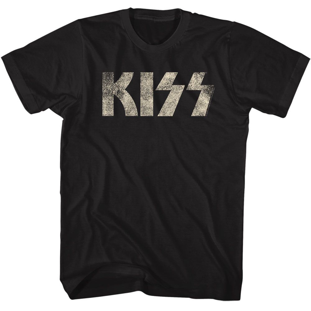 Black KISS T-shirt featuring the band’s iconic distressed silver logo across the chest.