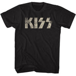 Black KISS T-shirt featuring the band’s iconic distressed silver logo across the chest.