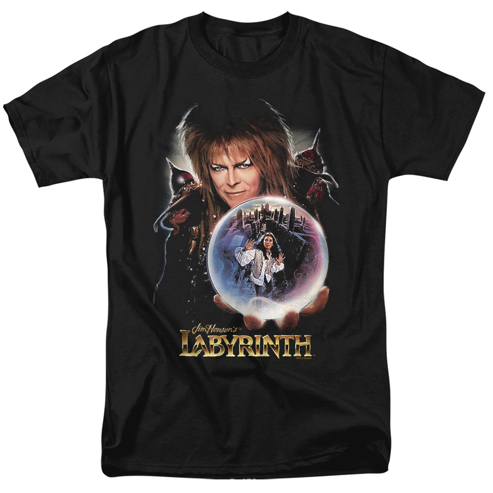 Black Labyrinth T-shirt featuring the Goblin King holding a glowing crystal ball with a scene inside, with “Jim Henson’s Labyrinth” title text underneath.