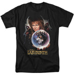 Black Labyrinth T-shirt featuring the Goblin King holding a glowing crystal ball with a scene inside, with “Jim Henson’s Labyrinth” title text underneath.