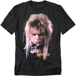 Black Labyrinth T-shirt featuring a close-up portrait of Jareth the Goblin King holding a crystal ball, with the Jim Henson’s Labyrinth logo near the bottom.