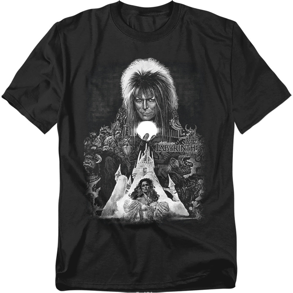 Black Labyrinth T-shirt featuring a grayscale collage of Jareth the Goblin King above Sarah and the castle, surrounded by characters and creatures from Jim Henson’s Labyrinth.