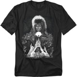 Black Labyrinth T-shirt featuring a grayscale collage of Jareth the Goblin King above Sarah and the castle, surrounded by characters and creatures from Jim Henson’s Labyrinth.