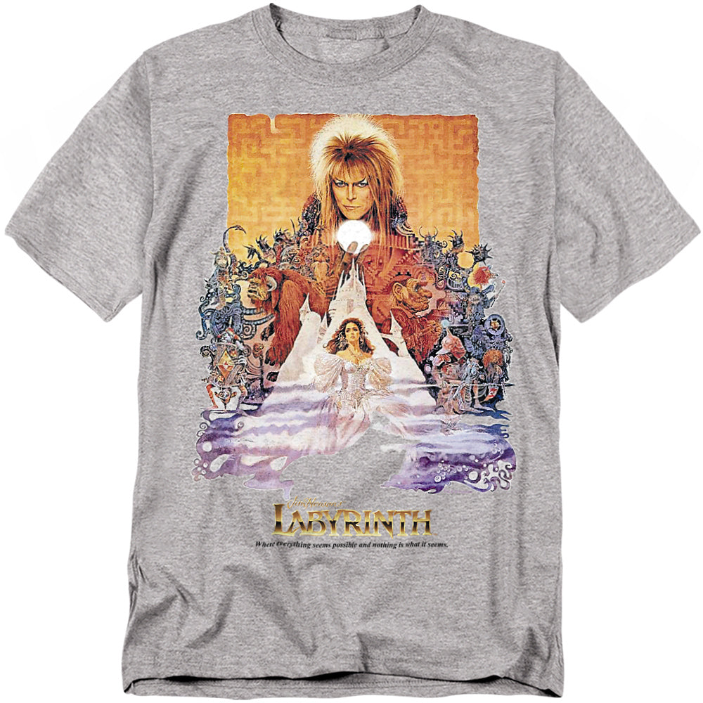 Heather gray Labyrinth T-shirt featuring classic movie poster artwork with Jareth the Goblin King above Sarah and a detailed fantasy scene, with the Labyrinth logo at the bottom.