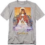 Heather gray Labyrinth T-shirt featuring classic movie poster artwork with Jareth the Goblin King above Sarah and a detailed fantasy scene, with the Labyrinth logo at the bottom.
