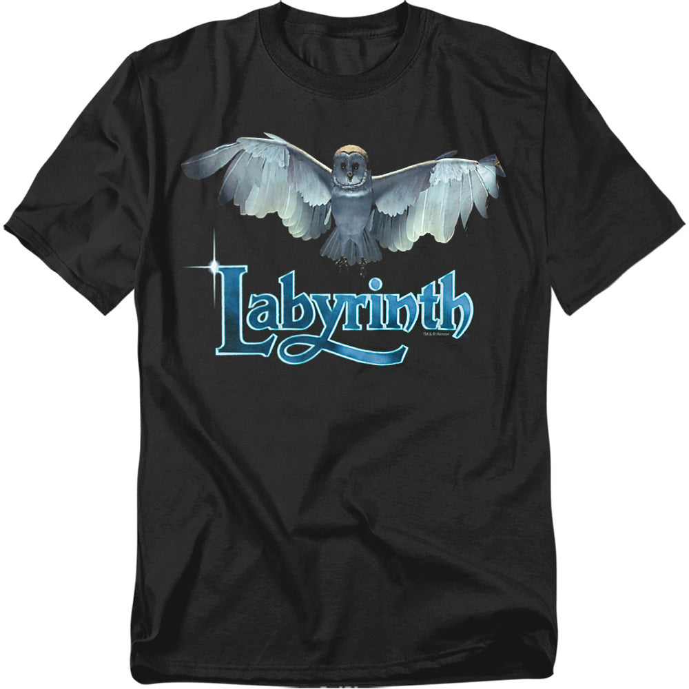 Black Labyrinth T-shirt featuring an owl with outstretched wings above a glowing blue Labyrinth logo.
