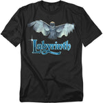 Black Labyrinth T-shirt featuring an owl with outstretched wings above a glowing blue Labyrinth logo.