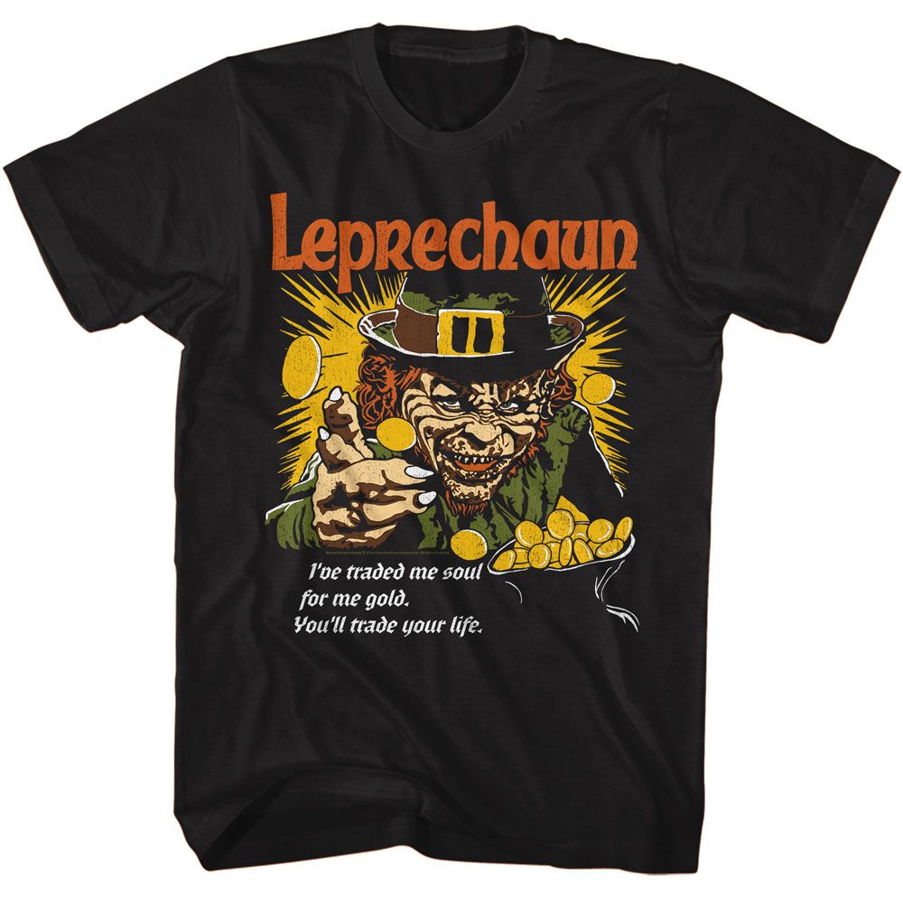 Black Leprechaun T-shirt featuring horror graphic with gold coins and quote about trading soul for gold