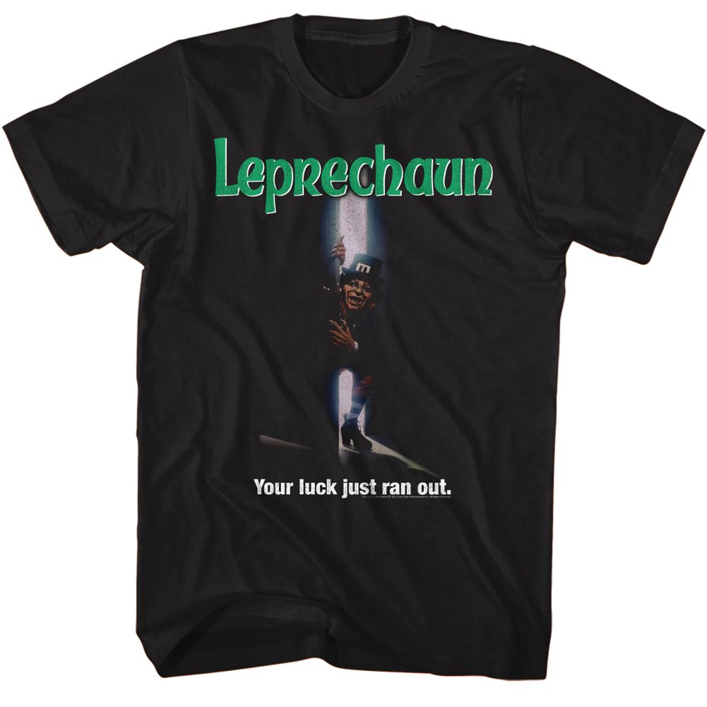Black Leprechaun T-shirt featuring horror movie graphic with “Your luck just ran out” text