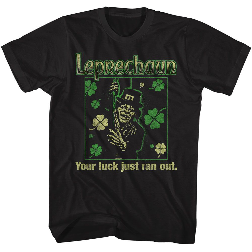 Black Leprechaun T-shirt featuring green shamrock horror graphic and “Your luck just ran out” text