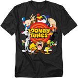 Looney Tunes characters gathered around the classic red concentric rings logo on a black T-shirt