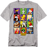 Looney Tunes character grid featuring Bugs Bunny, Daffy Duck, Porky Pig, Sylvester, Tweety, Taz, Foghorn Leghorn, Yosemite Sam, Marvin the Martian, and Wile E. Coyote on a gray T-shirt