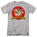 Looney Tunes classic characters grouped inside the iconic red concentric circles on a gray T-shirt