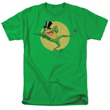 Michigan J. Frog dancing with cane and top hat on a green Looney Tunes T-shirt