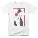 Minimal portrait illustration of Sylvester the Cat with red nose on a white Looney Tunes T-shirt