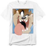 Close-up illustration of the Tasmanian Devil with tongue out on a white Looney Tunes T-shirt