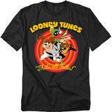 Looney Tunes characters including Bugs Bunny, Daffy Duck, Taz, Marvin the Martian, and Wile E. Coyote in the classic concentric rings with “That’s All Folks!” on a black T-shirt