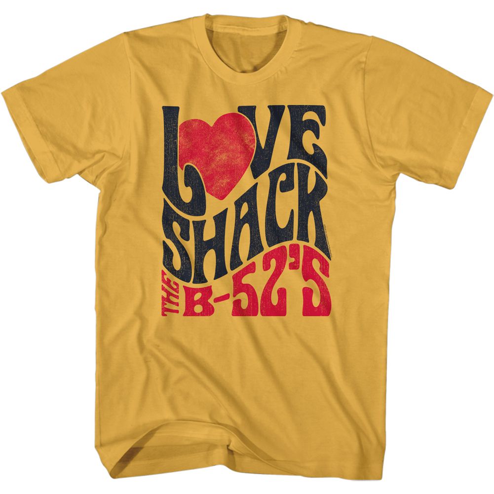 Yellow retro t-shirt with bold distressed text that reads “Love Shack The B-52’s” and a red heart graphic.