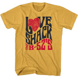 Yellow retro t-shirt with bold distressed text that reads “Love Shack The B-52’s” and a red heart graphic.