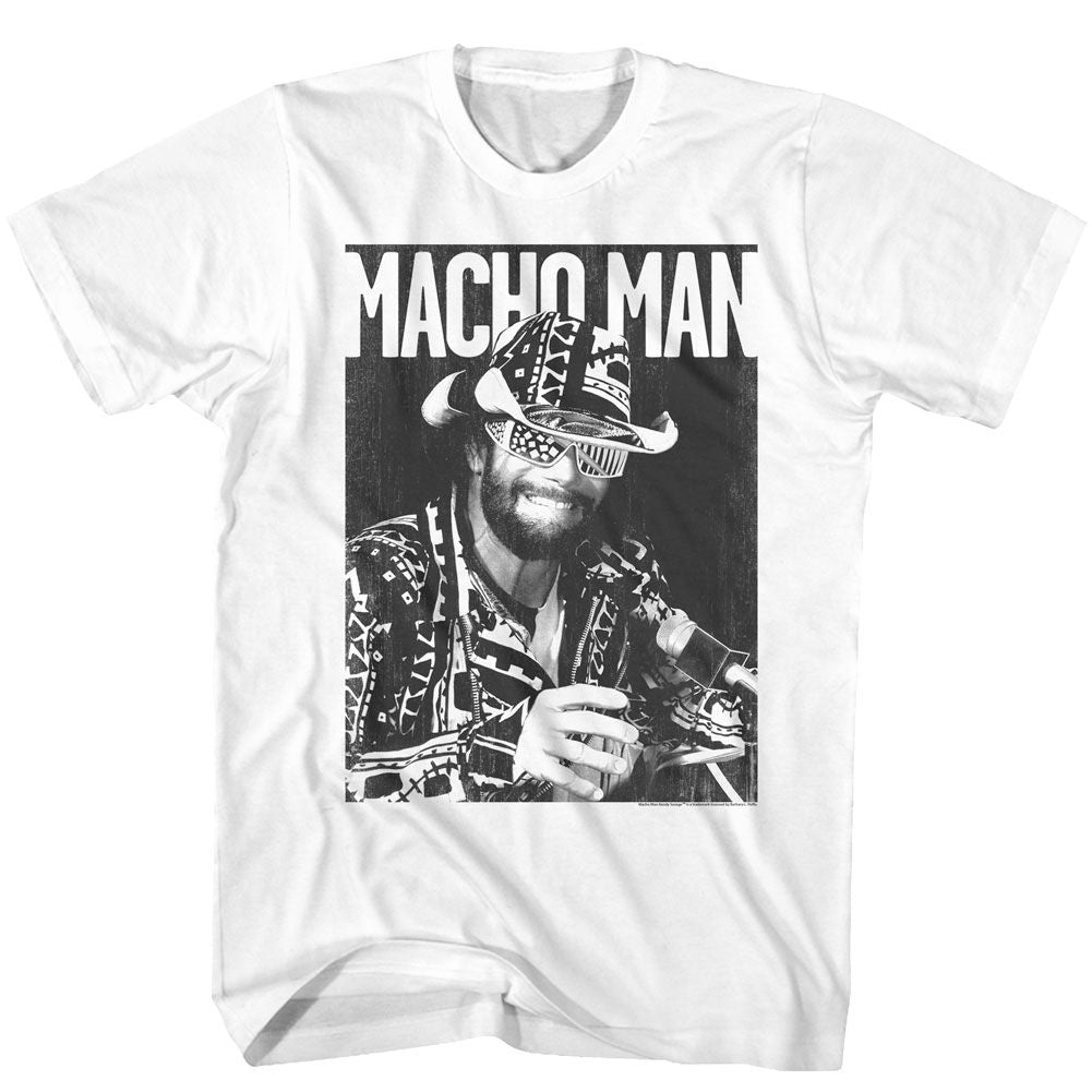 White T-shirt featuring a black-and-white photo of Macho Man Randy Savage wearing his signature hat and shades.