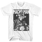 White T-shirt featuring a black-and-white photo of Macho Man Randy Savage wearing his signature hat and shades.