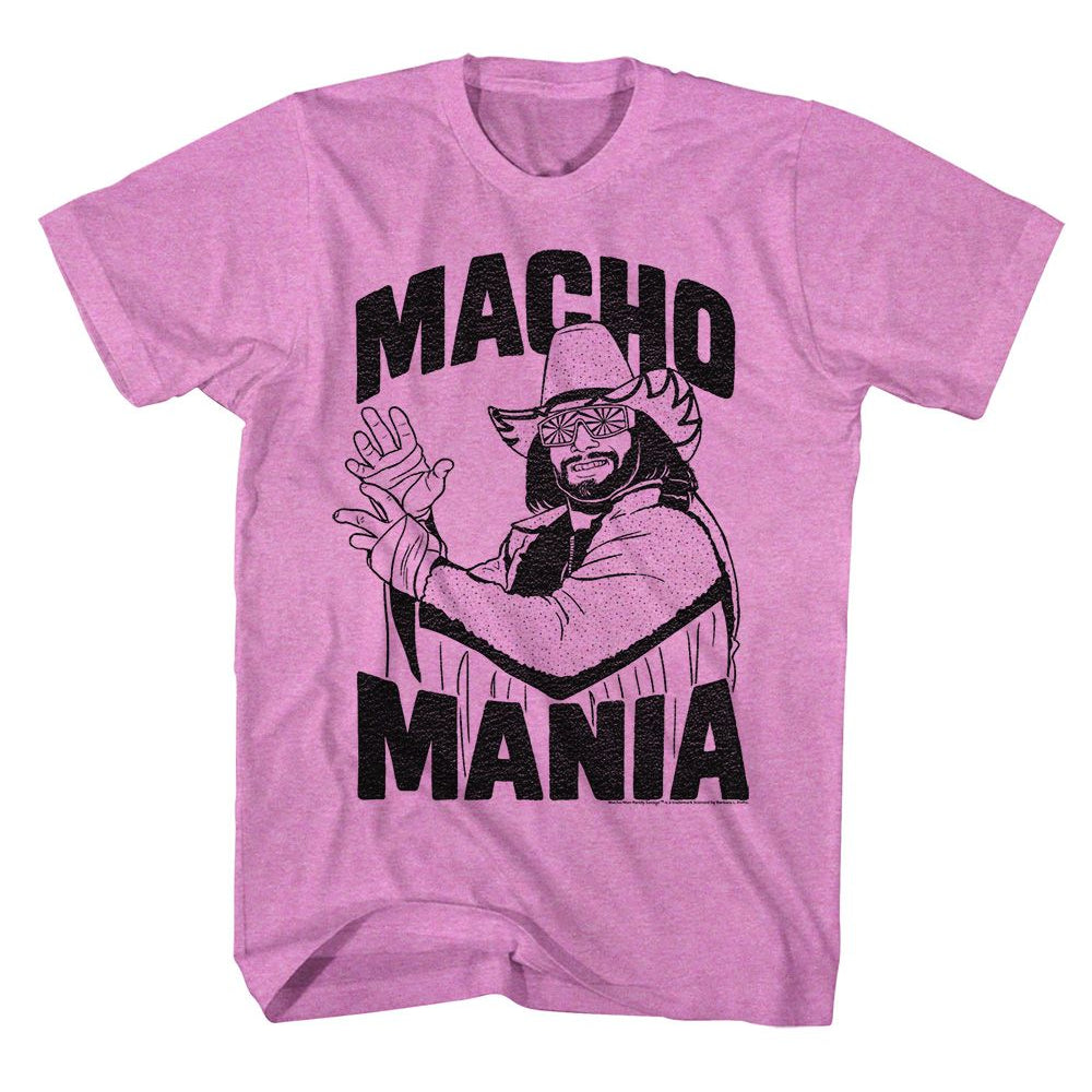 Pink T-shirt featuring a black line-art illustration of Macho Man Randy Savage with “Macho Mania” text.