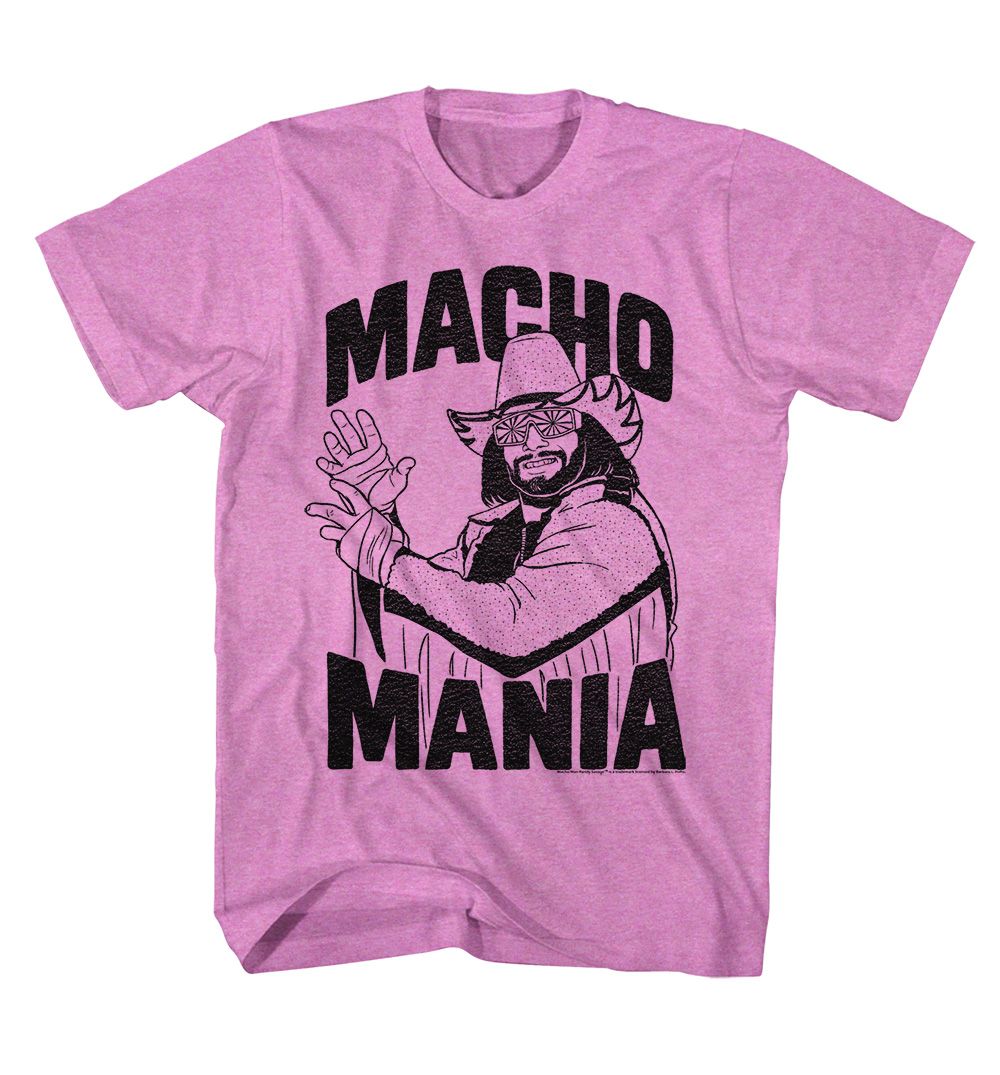 Pink T-shirt featuring a black line-art illustration of Macho Man Randy Savage with “Macho Mania” text.