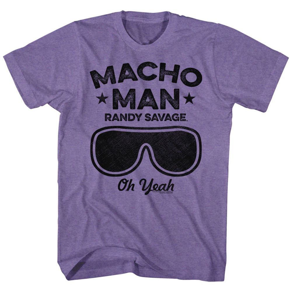 Purple T-shirt featuring black graphic text “Macho Man Randy Savage Oh Yeah” with oversized sunglasses.