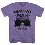 Purple T-shirt featuring black graphic text “Macho Man Randy Savage Oh Yeah” with oversized sunglasses.