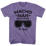 Purple T-shirt featuring black graphic text “Macho Man Randy Savage Oh Yeah” with oversized sunglasses.