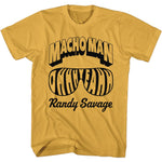 Yellow T-shirt featuring bold black retro text reading “Macho Man Ohhh Yeah” with stylized sunglasses and Randy Savage’s name below.