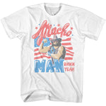 White T-shirt featuring Macho Man Randy Savage flexing in front of a red-and-white flag with “Macho Man Ohhh Yeah” text in red and blue.