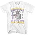 White T-shirt featuring a vintage-style graphic of Macho Man Randy Savage with purple and yellow text and star accents.