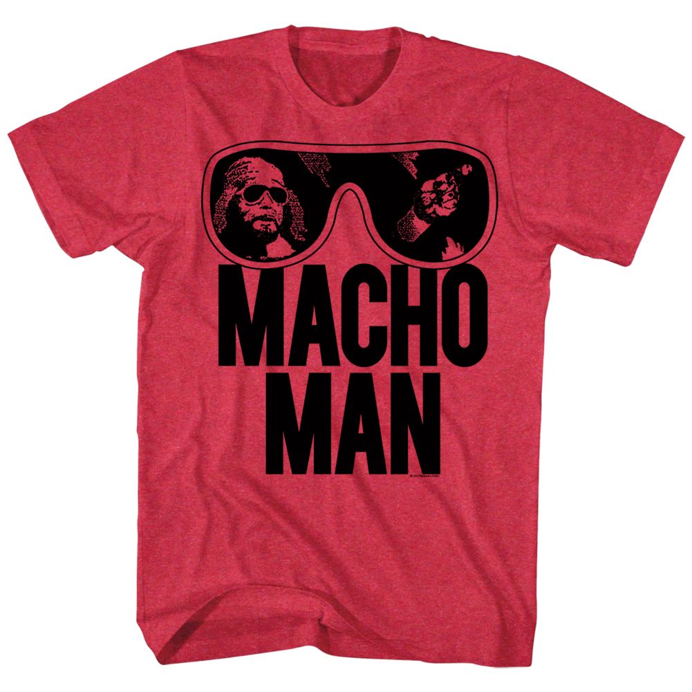 Red T-shirt featuring oversized black sunglasses with Macho Man Randy Savage reflected inside and bold “Macho Man” text below.