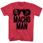 Red T-shirt featuring oversized black sunglasses with Macho Man Randy Savage reflected inside and bold “Macho Man” text below.