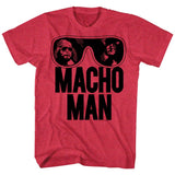 Red T-shirt featuring oversized black sunglasses with Macho Man Randy Savage reflected inside and bold “Macho Man” text below.