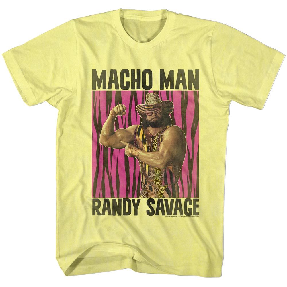 Yellow T-shirt featuring Macho Man Randy Savage flexing in front of a pink and black zebra-stripe background.