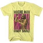 Yellow T-shirt featuring Macho Man Randy Savage flexing in front of a pink and black zebra-stripe background.