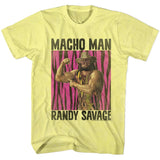 Yellow T-shirt featuring Macho Man Randy Savage flexing in front of a pink and black zebra-stripe background.