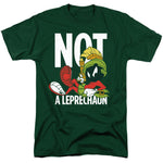 Dark green Looney Tunes T-shirt featuring Marvin the Martian with a helmet and ray gun and the phrase “Not a Leprechaun”